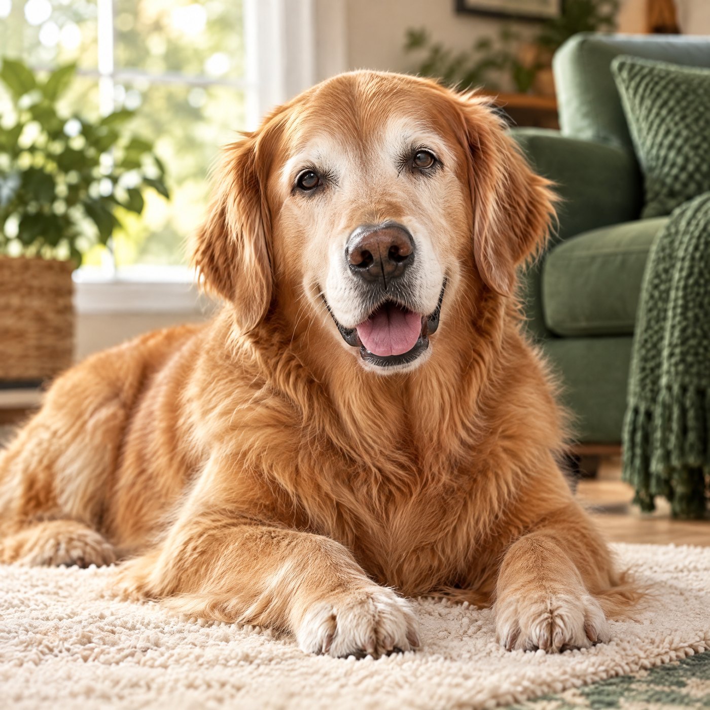 Golden retriever resting at home